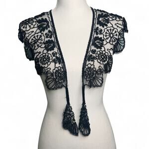 Vintage 90s Beaded Scallop Shawl Collar Black Daisy Western Wrap Rodeo Showgirl